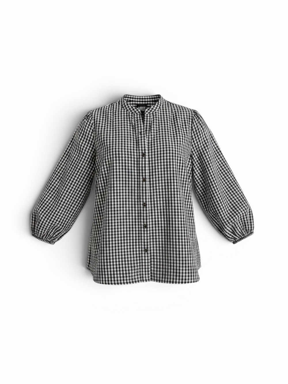 Lands' End Black Gingham 3/4 Balloon Sleeve Blouse
